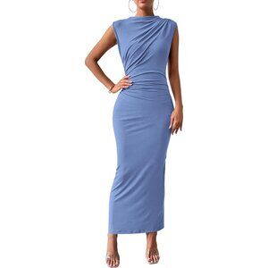 Women's Blue Ruched Bodycon Summer Casual Sleeveless Slit Elegant Maxi
